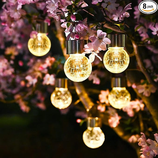 SOLPEX Hanging Solar Lights Outdoor, 8 Pack Decorative Cracked Glass Ball Light, Solar Powered Waterproof Globe Lighting, Hanging Globe Solar Lights for Garden, Yard, Patio, Lawn, Flower Bed
