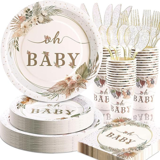 168 Pcs Boho Its A Girl Baby Shower Decorations, Boho Baby Shower Plates and Cups and Napkins Sets, for Baby In Bloom Oh Baby Western Girl, Summer Fall Woodsy Rustic Neutral, Serves 24