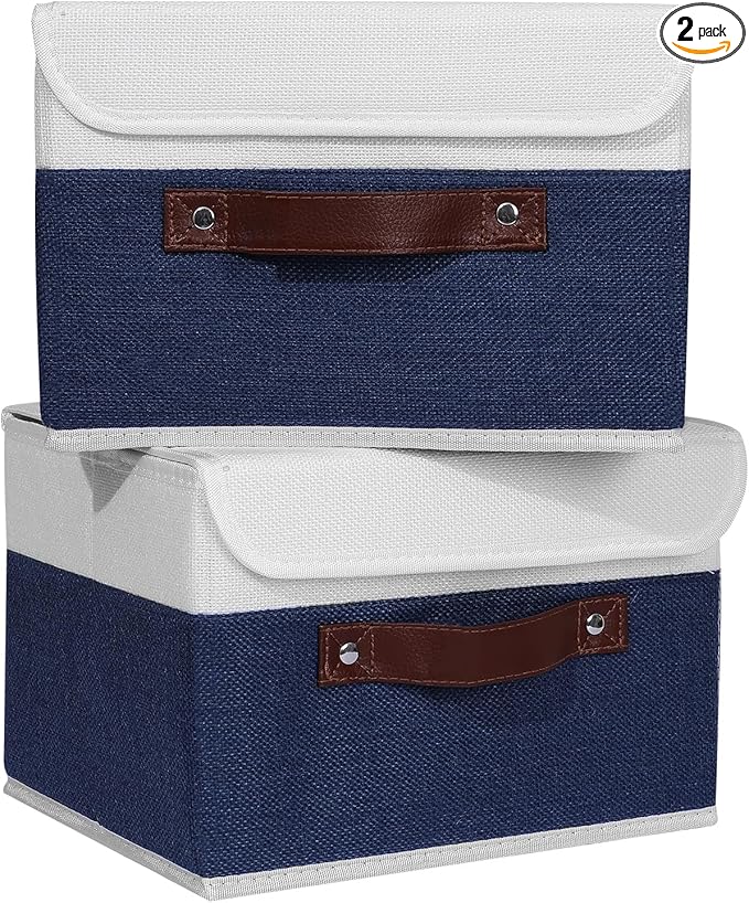 ANMINY 2PCS Storage Boxes with Lid Washable Decorative Storage Bin Basket with PU Leather Handle Foldable Linen Fabric Storage Cube Container for Home Closet Organizer - Deep Blue White, Small Size