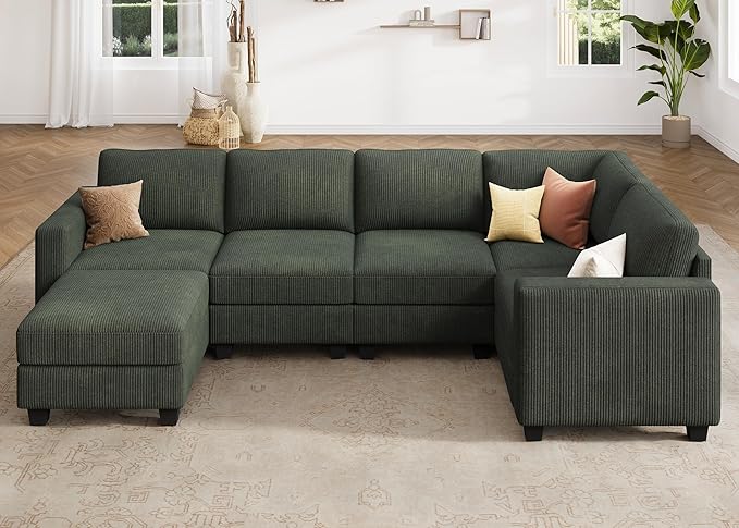 HONBAY U-Shaped Corduroy Sectional Couch with 6 Seaters Modular Sectional Sofa with Storage Sectional Couches for Living Room, Green