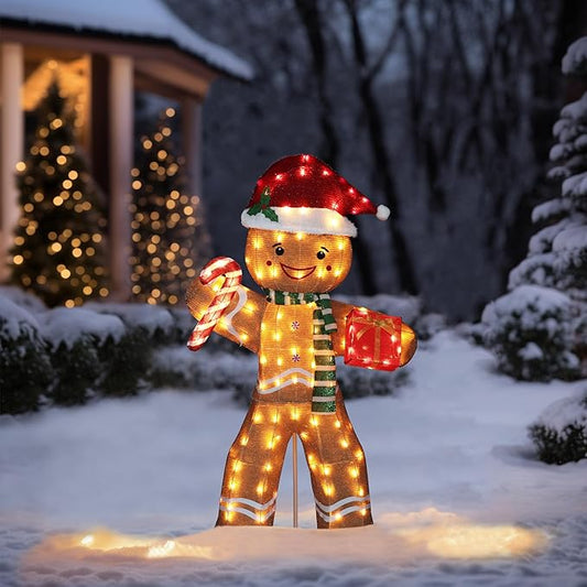 5FT Gingerbread Man with Candy Cane and Gift Box Decoration, 2.5D Pre-Lit Gingerbread Man Decor with 120 LED Lights for Christmas, Freestanding Glittered Holiday Display for Outdoor, Indoor