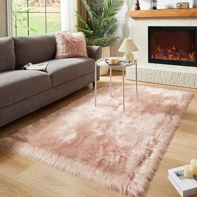 AMTOVO Faux Fur Sheepskin Rug for Living Room, 4 x 6 ft Pink Fluffy Area Rug for Bedroom, Playroom, Luxury Room Decor, Rectangle