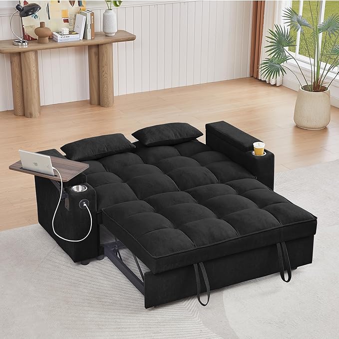 65'' 3-in-1 Folding Convertible Sofa Bed, Pullout Sofa, Modern Chenille Fabric, 360° Swivel Side Table, Easy Assembly, Perfect for Living Room, Black