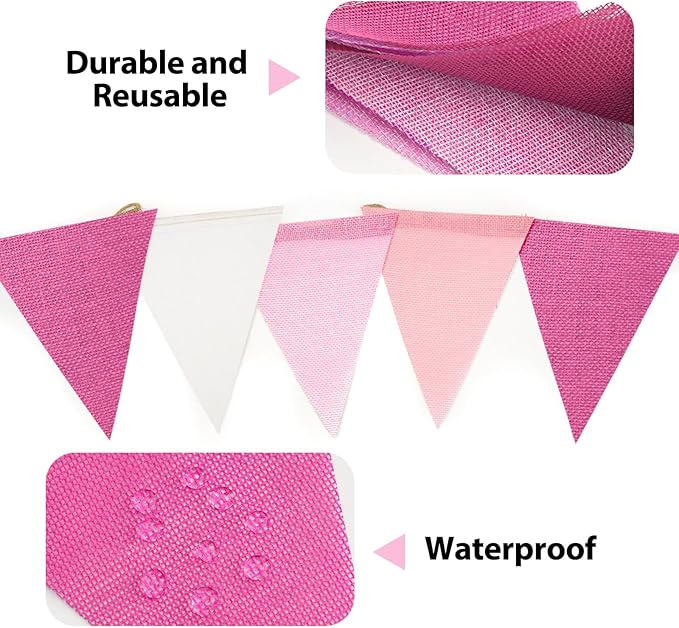 G2PLUS Pre-Strung Burlap Pennant Banners, 39Ft Pink Fabric Triangle Flag Bunting, 36Pcs Pennant Banner Flags Garland for Birthday, Wedding, Baby Shower, Holiday Party Decorations