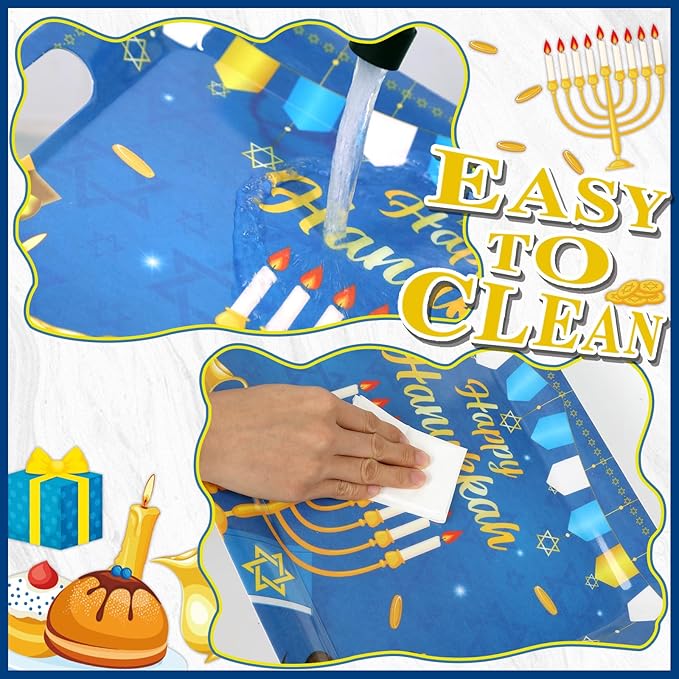gisgfim 2Pcs Happy Hanukkah Serving Trays with Handles 16 x 11 Inch Large Melamine Tray Rectangular Jewish Chanukah Serving Platter Menorah Blue White Tray Melamine Dishes for Serving Dinner Dessert