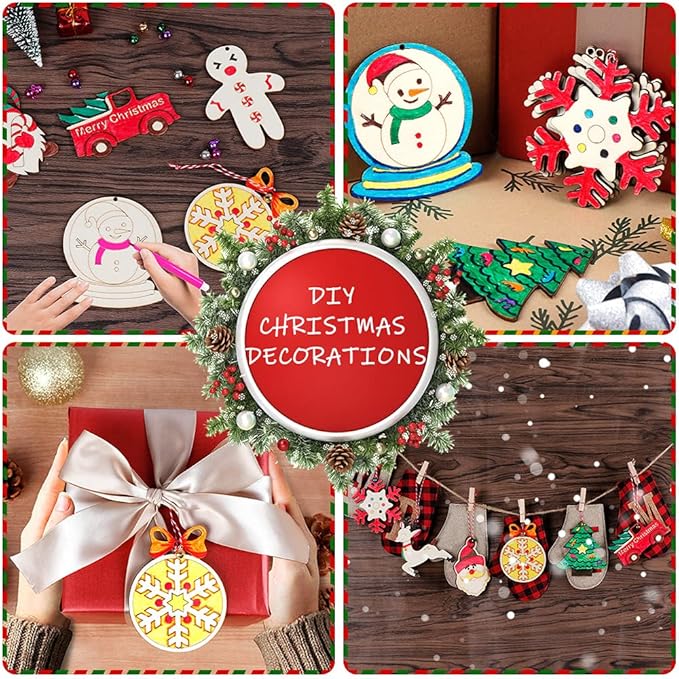 GUDELAK 60PCS DIY Wooden Christmas Ornaments, 12 Styles Christmas Crafts for Kids Adults with Ropes, 60 Bells and 12 Colored Pens, Unfinished Wood Ornaments Making Kit for Christmas Tree Decorations