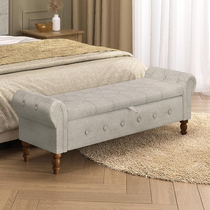 Storage Ottoman Bench for Bedroom, Linen 52" End of Bed Bench with Rolled Arms Upholstered Ottoman Bench Fit for Bedroom, Living Room, Entryway, Linen Gray