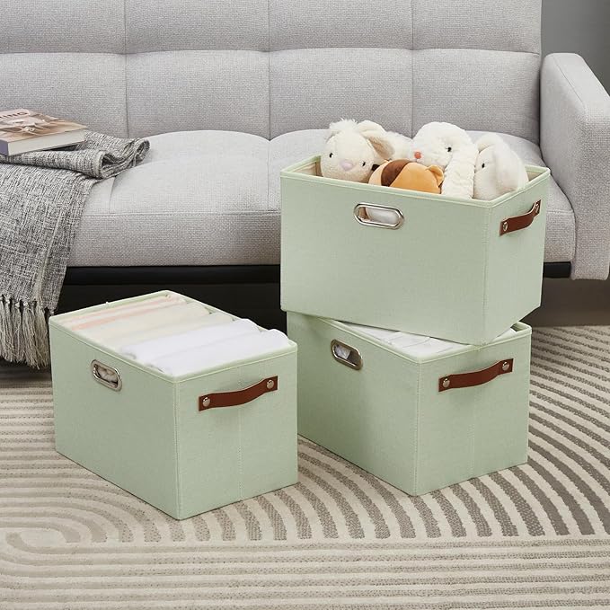Large 3-Pack Foldable Fabric Storage Bins with Durable PU & Metal Handles, Collapsible Storage Baskets for Shelves, Home Storage, Closet Organizers, Living Room(14.9"x9.8"x9.8", Sage Green)
