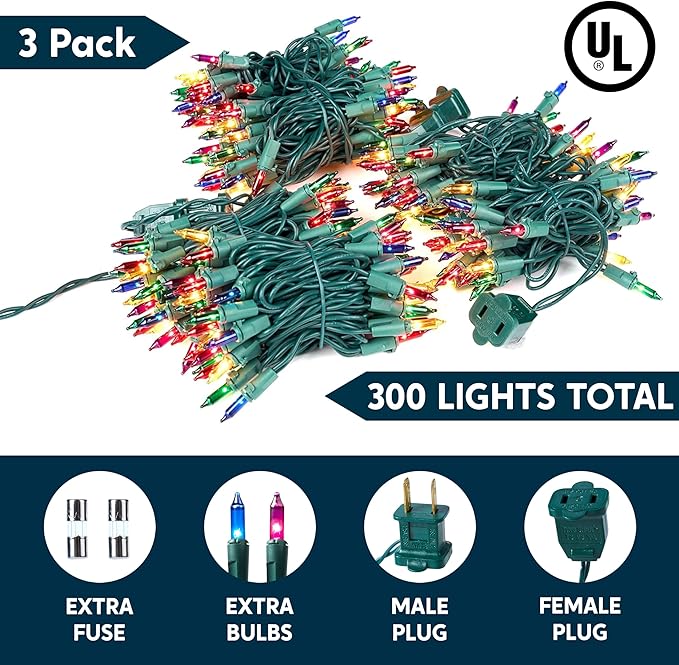 Joiedomi Multicolor Christmas String Lights,300(3x100) 64.2FT Christmas Fairy Tree Lights Plug in for Indoor Outdoor Xmas Decorations Patio Holiday Theme Party Yard House,Green Wire