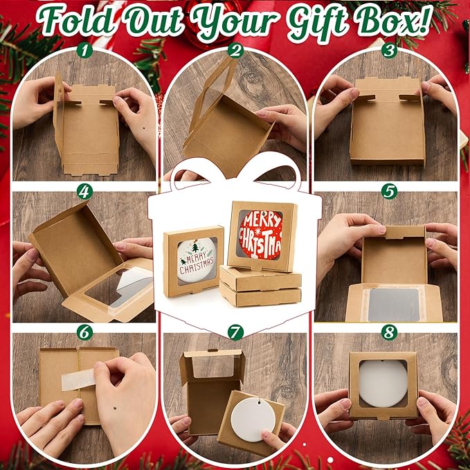 25 Pcs Sublimation Ornament Blanks Box 3.6"x3.6"x0.7" Christmas Ornaments Holder Ceramic Discs Packaging Box with Window for Personalized Xmas Tree Blanks Bulk (Kraft Paper)