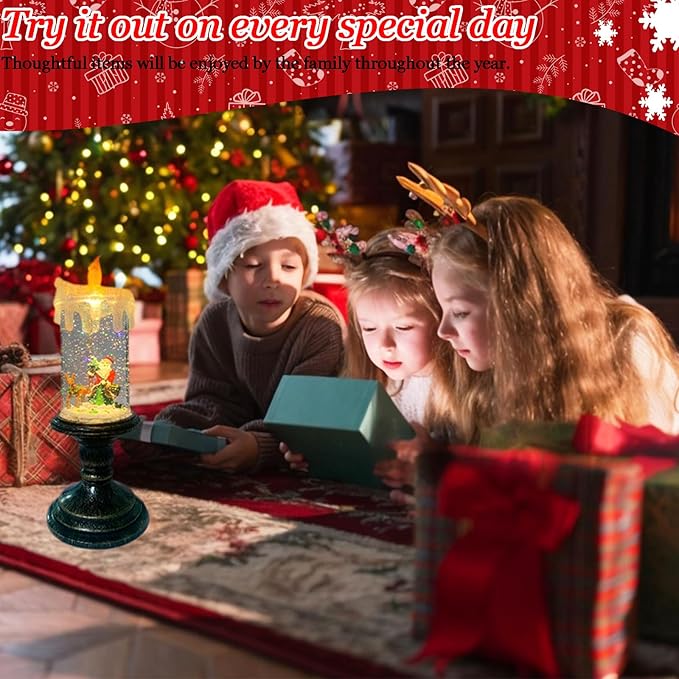 Flameless Snow Globe Candle Light Christmas Santa Decoration with Swirling Water & Glitter, Spinning LED Candles for Home, Tabletop, Holiday Decor