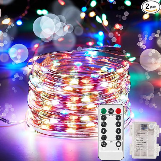 2 Pack 32.8 Ft. Battery Operated Outdoor String Lights with Remote & Timer, LED Multi Color Fairy Lights, Waterproof Twinkle Lights for Bedroom, Dorm, Mason Jar, Wedding, Party, Christmas