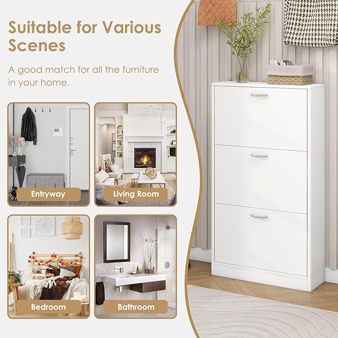 Shoe Storage Cabinet Set of 2 with 3 Flip Drawers, Narrow Shoe Cabinet Freestanding Slim Shoe Storage Organizer for Entryway, Hallway, Entrance, Bedroom, Living Room, White