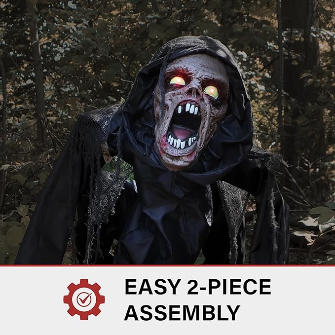 Haunted Hill Farm Scary Crouching Zombie, Halloween Animatronic with Touch Activated Lights and Sounds, Battery Operated Indoor or Covered Outdoor Halloween Decorations, Creepy Halloween Props