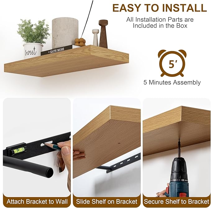 Fun Memories Floating Shelves, 8 Inch Deep Floating Shelves for Wall, 8 x 8 Wall Shelves, Rustic Wood Floating Shelf for Living Room, Bedroom, Bathroom, Oak Color, Set of 2