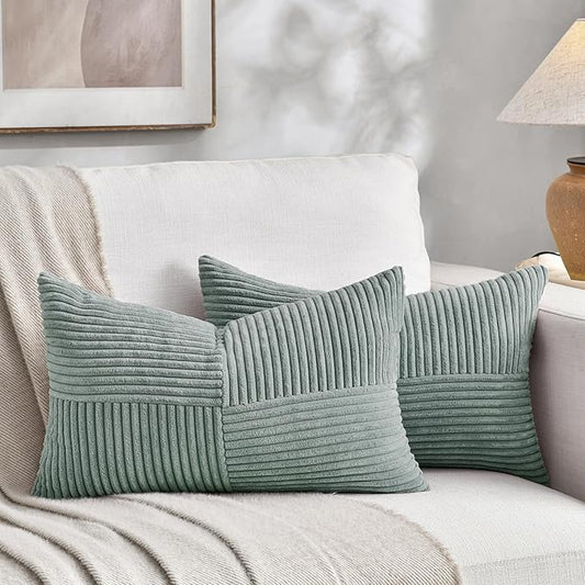 Fancy Homi 2 Packs Grey Blue Long Lumbar Decorative Throw Pillow Covers 16x24 Inch for Couch Bed Sofa, Rustic Farmhouse Boho Home Decor, Soft Striped Corduroy Rectangle Accent Cushion Case 40x60 cm