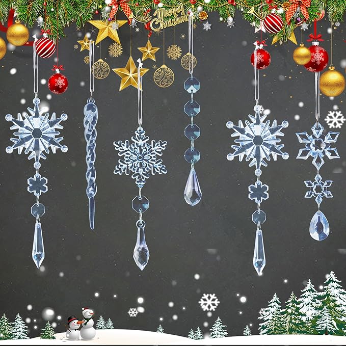 32pcs Crystal Christmas Ornaments for Christmas Tree Decorations-Blue Hanging Acrylic Snowflake and Icicle Ornaments with Drop Pendants for Xmas Winter Wonderland New Year Party Decorations Supplies