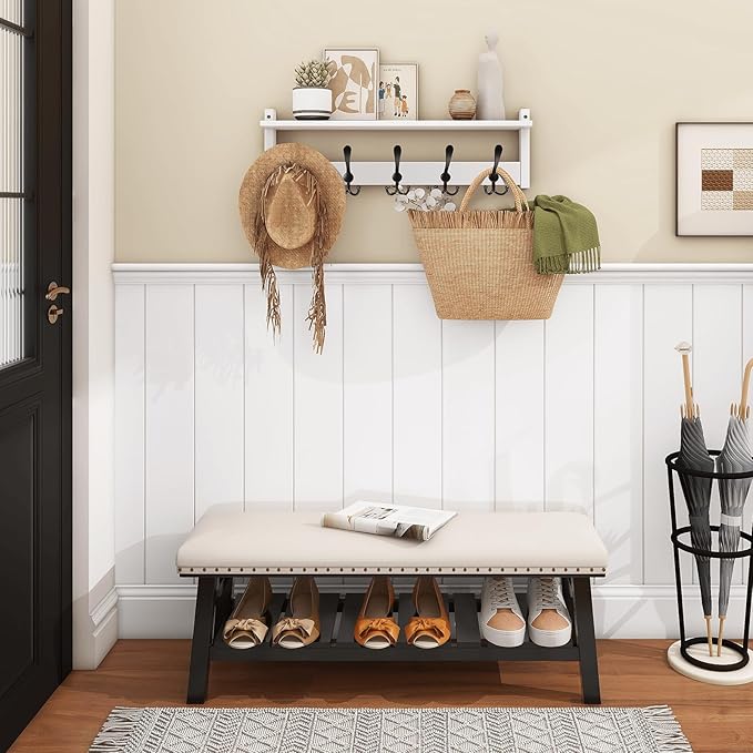 Homode Wall Shelf with Hooks, 24 Inch Coat Rack with Tri Hooks, Farmhouse Entryway Floating Coat Hanger with Storage for Bathroom, Entry Way, Mudroom, White