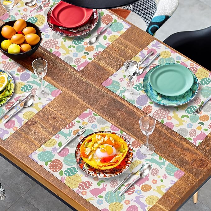 Easter Eggs Bunny Floral Placemats Set of 4 Watercolor Egg Floral Place Mat 12x18 Inch Seasonal Spring Colorful Washable Linen Table Mats for Party Kitchen Dining Outdoor Indoor Decor