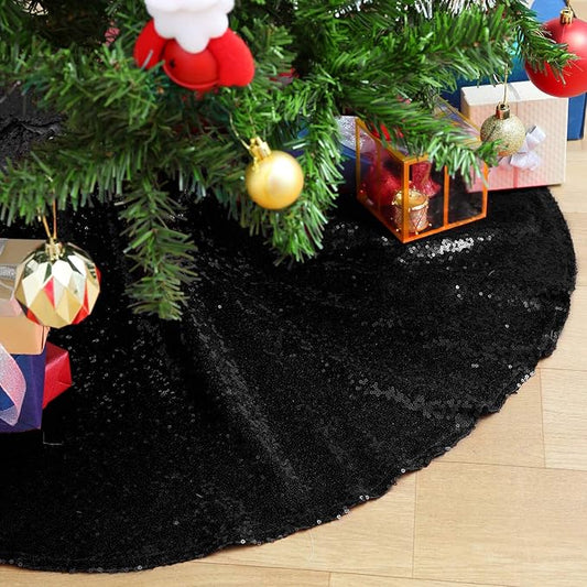 Glitter Black Tree Skirt 24 Inches Sequin Fabric Xmas Small Tree Skirt Tabletop Tree Christmas Halloween Party Ornaments