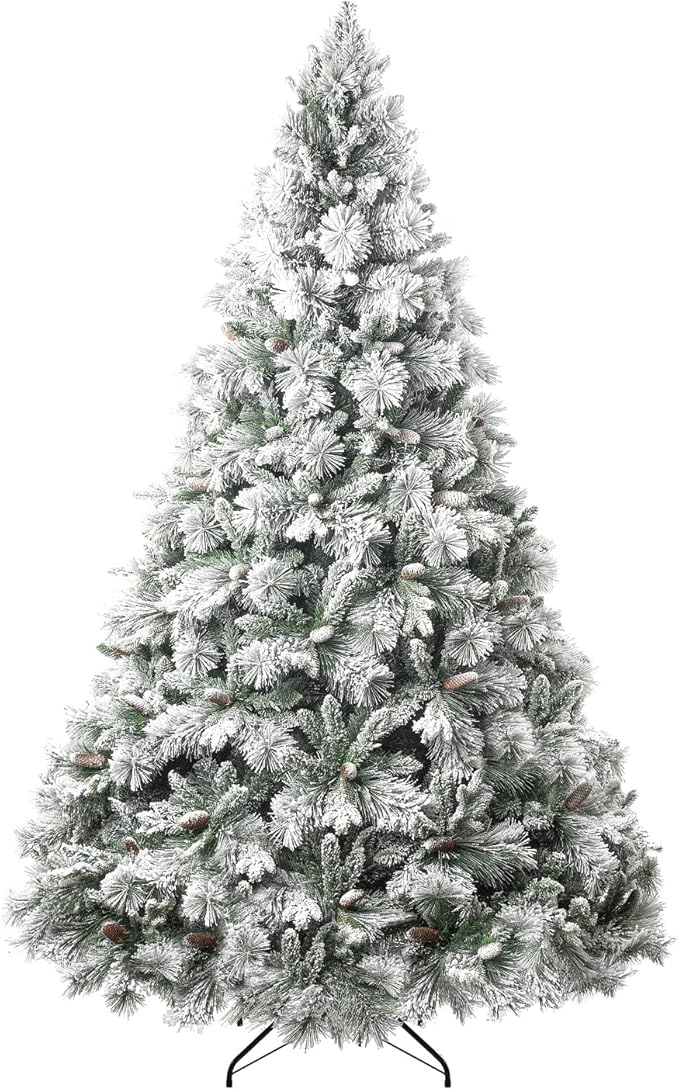 Glasgow 7.5ft Frosted Prelit Artificial Christmas Tree with Pine Cones, Foot Pedal, 1556 Branch Tips, 750 Warm Lights & Metal Stand, 61" Wide Realistic Pine Snow Flocked Christmas Tree with Lights