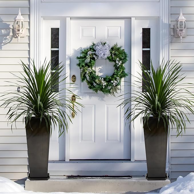 KOL 25'' & 28'' Tall Glazed Planter with Saucer, Set of 2, Galvanized Steel Planter Metal Pots for Indoor & Outdoor Use, Decorative Flower Plant Pots with Drainage Hole for Porch, Patio, Deck - Black