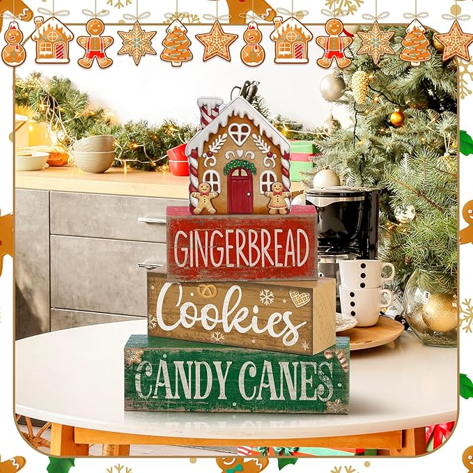 4 Pcs Christmas Table Decoration Wooden Gingerbread House Tiered Tray Decor Wood Rustic Gingerbread Block Signs Christmas Centerpiece Farmhouse for Home Tabletop Kitchen Shelf Party Gift