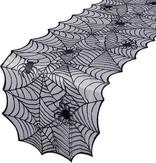 1-Pack Halloween Table Runner, Black Spider Web Lace Table Runner, Gothic Kitchen Decor, Fall-Themed Party Decorations, Spider Web Reusable Home Accent, 18 x 64 Inches