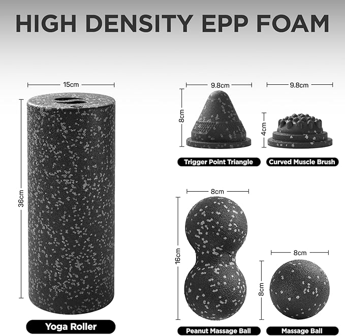 5 in 1 Foam Roller Set with Peanut Massage Ball, Curved Muscle Brush - Yoga Roller, Massage Ball, Trigger Point Triangle for Deep Tissue Relief (Black Gray)