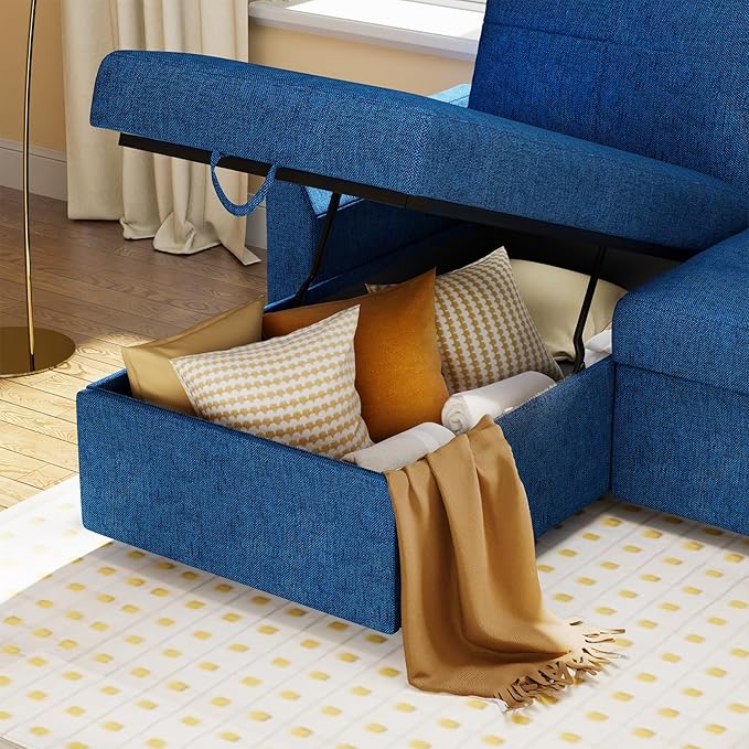 VanAcc Sleeper Sofa - 2 in 1 Pull Out Couch Bed with Storage Chaise for Living Room, Linen Blue