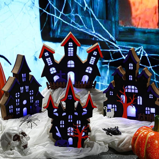 Bucherry 4 Pack Halloween Table Haunted House Decor Lighted Wooden Village Ghost House 3D Tabletop Decorations for Halloween Indoor Home Kitchen Desk Gift(New Style)