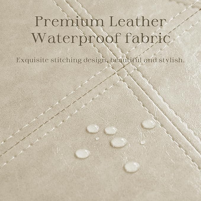 HUIMO Square Storage Ottoman, Tufted Leather Ottoman for Living Room (Khaki)