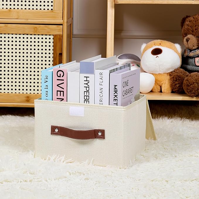 ANMINY 4PCS Storage Bins with Lid PU Leather Handles Storage Boxes PP Plastic Board Decorative Foldable Lidded Cotton Linen Fabric Home Cubes Baskets Closet Organizer Containers - Beige, Small Size