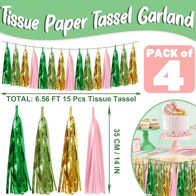 4P Pink-Gold Sage-Green Party-Decorations Foil Fringe Metallic Tassel Streamers Banner Tassel Garland for Parade Floats, Birthday, Bachelorette, Wedding, Halloween, Christmas