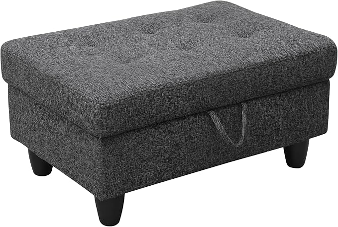Ottoman Rectangular Storage Ottoman Bench, Flannel Footrest Stool Footstool with Lid for Living Room, Bedroom, Entryway, Black Gray, 35"x23.5"x17.5"