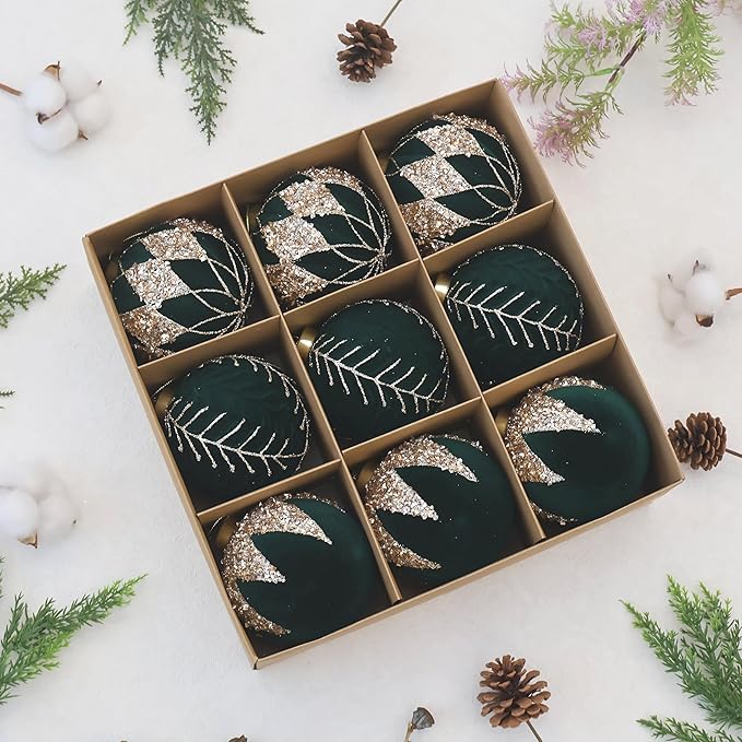 4inch Velvet Ornaments for Christmas Tree, 9PCS Glitter Flocked Christmas Ornaments Decorations Balls Set Decor Green