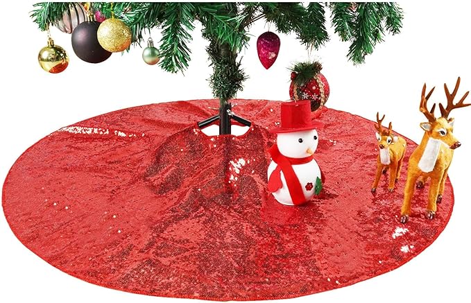 Eternal Beauty Christmas Tree Skirt, 24 Inch Red Sequin Tree Skirt Small Xmas Tree Skirt for Christmas Tree Decorations