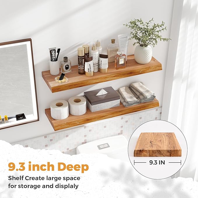 RICHFOCUS Live Edge Elm Floating Shelves - 30" W x 9.3" D Rustic Solid Wood Wall Shelves with Invisible Bracket, Wall-Mounted for Living Room, Bedroom, Kitchen Storage & Display, Set of 2, Natural