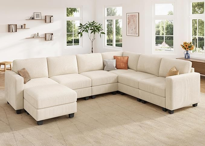 HONBAY Corduroy Sectional Sofa with Storage, U Shape Modular Sectional Sofa with Chaise, Modular Couches for Living Room, Beige