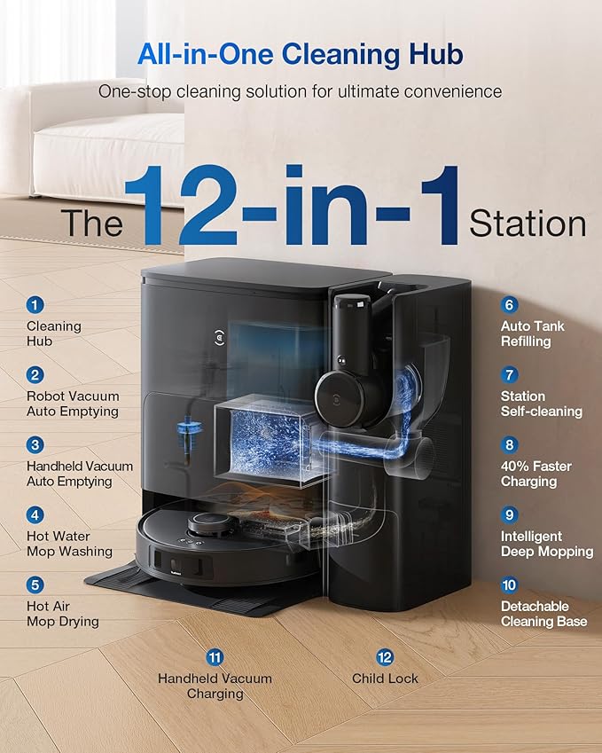 ECOVACS DEEBOT T30S Combo Robot Vacuum and Mop, All in One Cleaning Hub, 11000Pa, ZeroTangle Technology, TruEdge Adaptive Edge, Dual Self-Emptying, Hot Water Washing