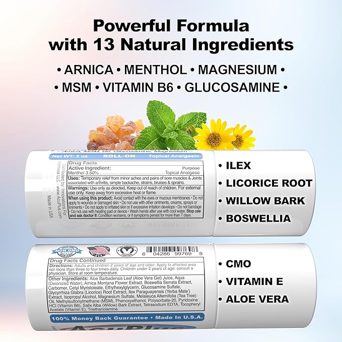 AcuPlus - Pain Relief Roll On - Topical Anti Inflammatory to Soothe Muscles & Joints - Arthritis Pain Reliever, Bursitis, Tendonitis Cream - TSA Compliant, Convenient Roll On - 3 fl. oz. (Pack of 1)