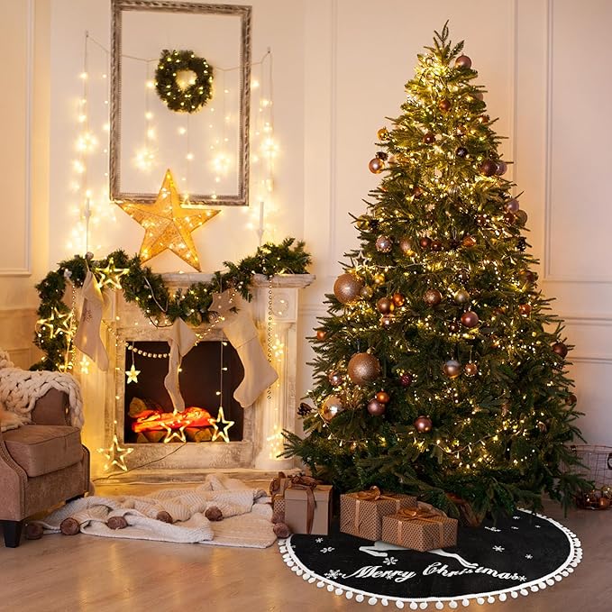 24 Inch Christmas Tree Skirt, Burlap Black Christmas Rustic Tree Skirt with Elk Deer and White Snowflake Printed for Holiday Party Xmas Tree Decoration