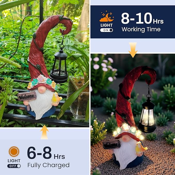 Solar Outdoor Figurine Lights Gnome Garden Decor Statue with LED Flowers & Lantern, Glowing Fairy Yard Decorations for Outside Patio Yard Front Porch, Housewarming Home Decor Gifts Thanksgiving