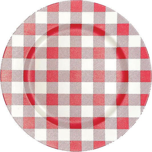Henilosson Round 13 inch Charger plate - red and white Checkered Design Plate Charger - Christmas and New Year Placemat (6, red+white)