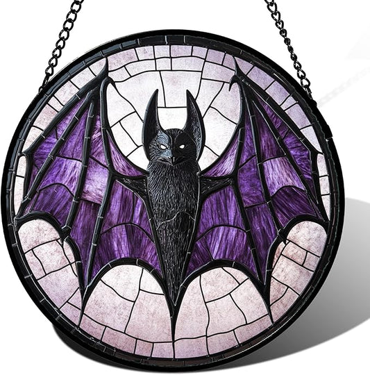 Stained Glass Window Hanging - Halloween Black Bat Purple Wings Monster Suncatcher for Doors Garden Home Spooky Sun Catchers Gothic Decor Horror Gift for Women Men Friend Boy Girl 15 in
