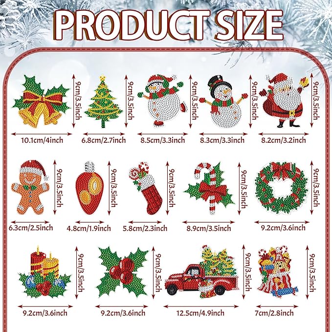 Equsion 14 Pcs Diamond Art Christmas Ornaments Christmas Diamond Painting Keychains Kits 5d DIY Hanging Double Sided Diamond Art Key Ring Painting Key Chain Family Decor Rhinestone Pendant