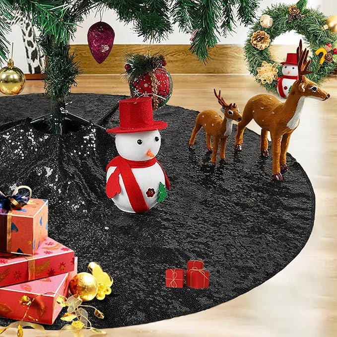 Eternal Beauty Christmas Tree Skirt, 24 Inch Black Halloween Sequin Tree Skirt Small Xmas Tree Skirt for Christmas Tree Decorations