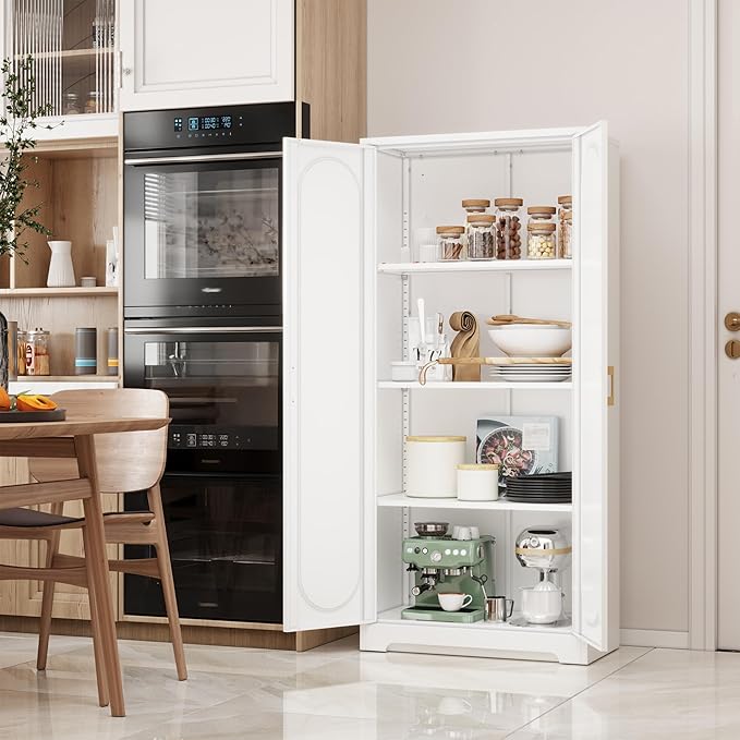 Kitchen Pantry Cabinet,60”Metal White Storage Cabinets with Doors and Shelves,Tall Cabinet with 2 Gold Hands for Dinning Room,Living Room