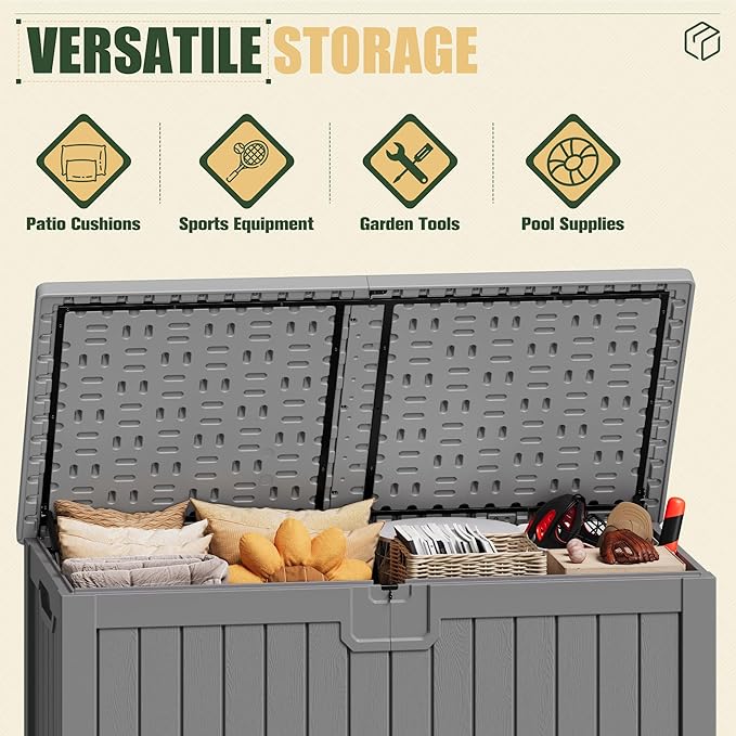 JUMMICO 250 Gallon Outdoor Resin Deck Box with Divider, Waterproof Storage Box with Lockable Lid&Side Handles for Garden Tools, Pools Supplies (Gray)