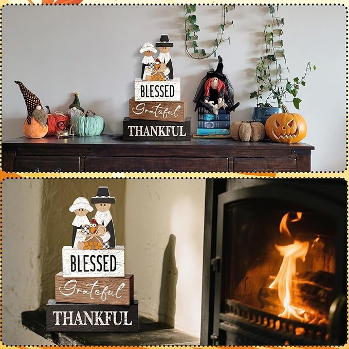 4 Pcs Fall Thanksgiving Table Decor for Home Pilgrim Couple Wooden Signs with Blessed Thanksgiving Autumn Tiered Tray Decor Turkey Tabletop Centerpiece Grateful Block Signs for Office Kitchen Shelf